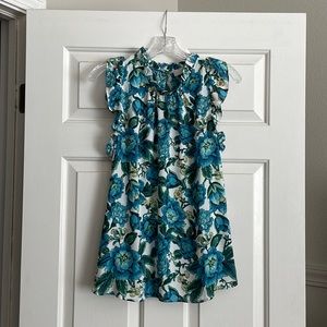 LOFT Blue and White Floral Ruffle Blouse